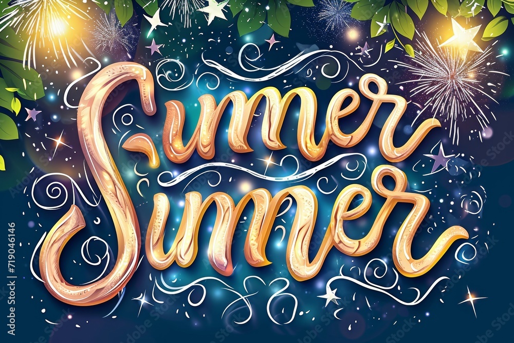 Aufkleber An elegant blend of typography and graphic design, highlighted by golden swirls and delicate leaves, evokes a sense of artistic fireworks on a serene blue canvas