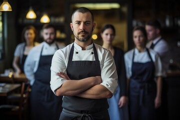 Fototapeta premium Portrait of chef standing with his team on background in commercial kitchen at restaurant
