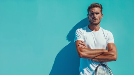minimalist vivid advertisment background with handsome tennis player and copy space - obrazy, fototapety, plakaty