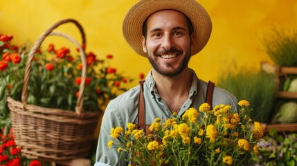 minimalist vivid advertisment background with handsome gardener and copy space