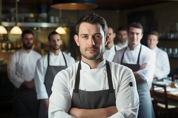 Portrait of chef standing with his team on background in commercial kitchen at restaurant