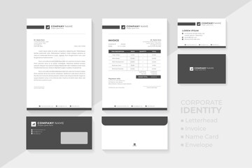 Corporate identity set including letterhead, invoice, name card and envelope.