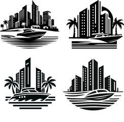 collection of illustration designs for speedboats in front of cities with lots of tall buildings