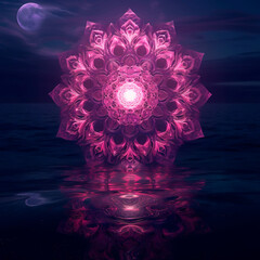 Mandala, dark and pink glows with an otherworldly light above a calm sea under the soft light of a full moon.
Wellness, meditation and artistic concept