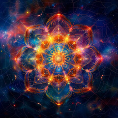 Luminous fractal dark mandala in cosmic space. Wellness, meditation and artistic concept