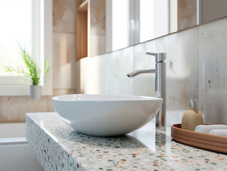 Terrazzo counter with a white sink. The minimalist interior design of a modern bathroom