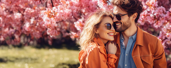 A happy couple smiling and embracing under a cherry blossom tree, Fictional Character Created By Generative AI.  - obrazy, fototapety, plakaty