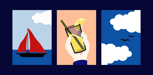 Set of summer rectangular posters in minimalist blue peach style with sailboat cocktails sea birds nature