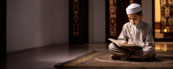 A Young Muslim Boy Reading the Quran, Fictional Character Created By Generative AI.  - obrazy, fototapety, plakaty