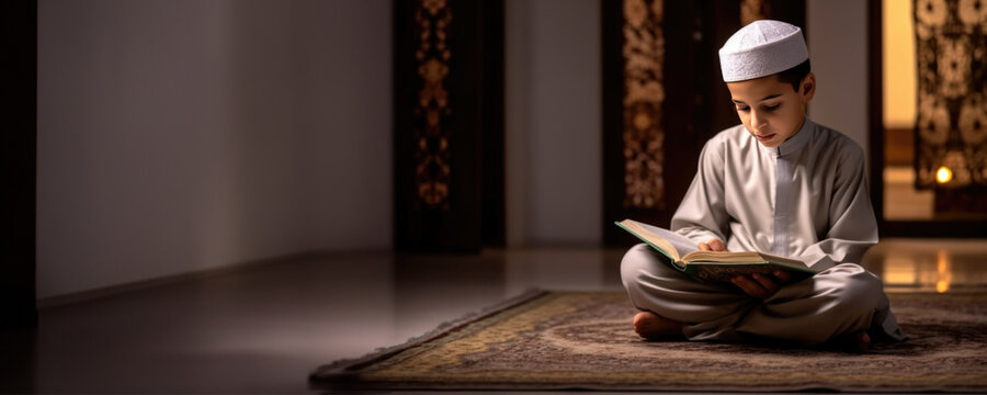A Young Muslim Boy Reading the Quran, Fictional Character Created By Generative AI. 