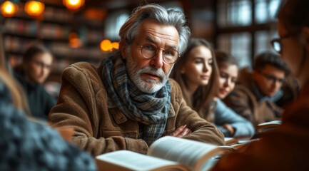 An elderly, bearded man reading a book in a cozy library environment,AI generated
