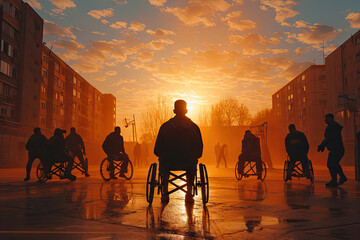 Equipo de baloncesto paralímpico de discapacitados en silla de ruedas, al atardecer silueta, cancha de baloncesto - obrazy, fototapety, plakaty