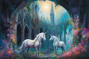 Couple of Unicorns with a floral medieval architecture background. Magic Kingdom colorful landscape. Fantasy backdrop design.