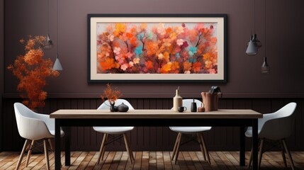 Cozy living room with a wooden table and white kitchen chairs, adorned with a large painting showcasing vibrant autumn colors on the wall