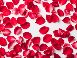 Red rose petals on white background. Flat lay, top view