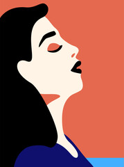 Profile of beautiful young woman on peach background in minimalist style vector