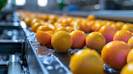 The current production line's the procedure for cleaning and washing citrus fruits, space, Generative AI.