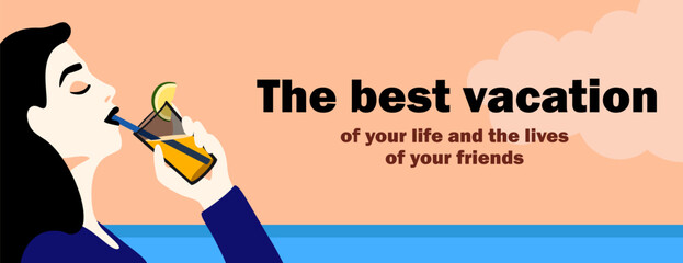 Web banner with young woman drinking cocktail juice on sea background vector vacation