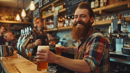 Happy bearded male barista serves beer to guests at the bar counter.