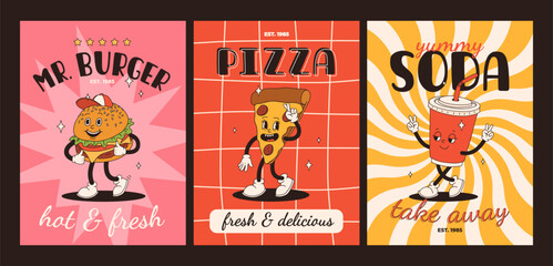 Cartoon fast food poster. Retro groovy cards with mascot food characters. Brochure design with quote text for cafe. Banner with funky groovy burger, french fries, soda, ice cream. Fast food delivery