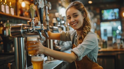 Happy female barista serves beer to guests at the bar counter.