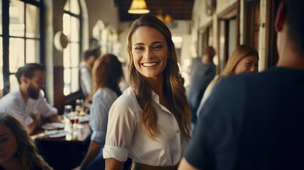 Happy waitress chatting with group of guests in bar - obrazy, fototapety, plakaty