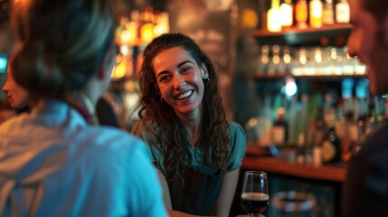 Fototapeta premium Happy waitress chatting with group of guests in bar