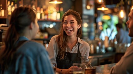 Happy waitress chatting with group of guests in bar