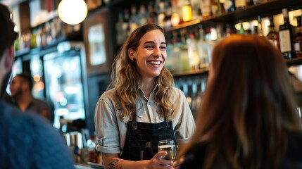 Happy waitress chatting with group of guests in bar