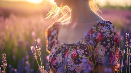 Close-up of a person in a bright floral print summer dress, blurred lavender field in the background
