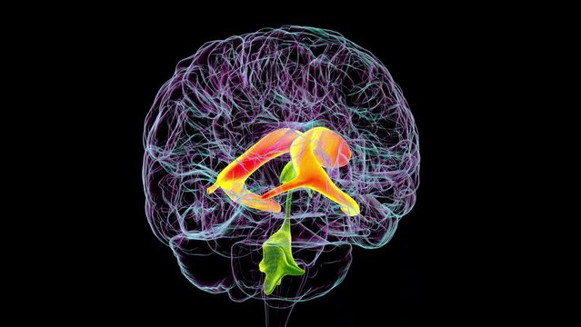 The lateral brain ventricles, the largest paired cavities in the brain, responsible for producing and circulating cerebrospinal fluid, 3D animation.