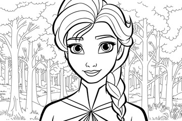  Cute fairy princess portrait coloring page. Outline black ink drawing antistress coloring book northern forest princess isolated on white vector illustration © LuckyStep
