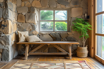 Wooden rustic bench near a wild stone cladding wall against a window. Farmhouse interior design of a modern home