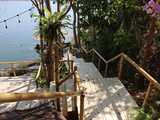 Wooden steps up the shelter surrounded by green nature.