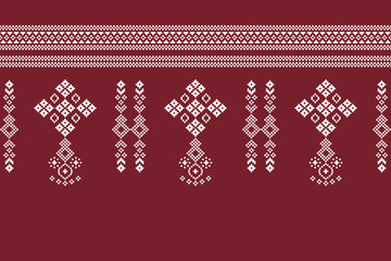 Ethnic geometric fabric pattern Cross Stitch.Ikat embroidery Ethnic oriental Pixel pattern christmas red background. Abstract,vector,illustration. Texture,frame,decoration,motifs,silk wallpaper.