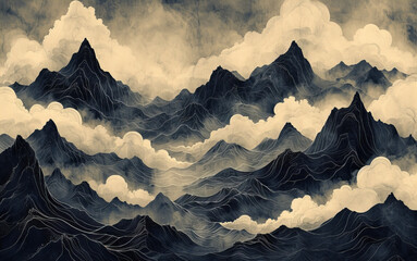 Smoky Mountain Range, surreal landscape with layers of mountain ranges shrouded in mist, rendered in a smoky, ink-like aesthetic that evokes mystery and tranquility - obrazy, fototapety, plakaty