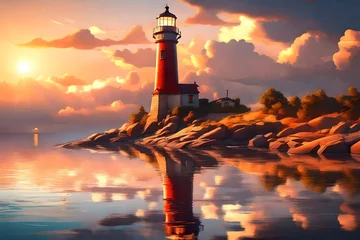 Rolgordijnen lighthouse at dusk. AI generated © Muhammad