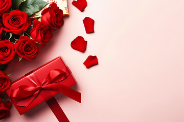 celebration valentine day with gift box with velvet ribbon and paper decoration on beautiful background