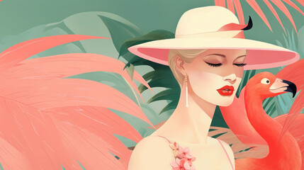 Woman and flamingo fashion tropical beach abstract background. Generative ai.