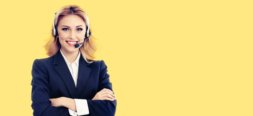 Call center. Smiling businesswoman support advisor phone operator in headset, wear confident suit,...