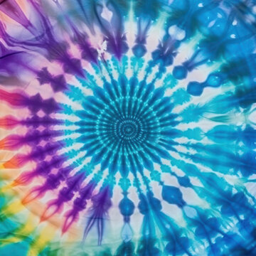 Blue and rainbow Tie Dye Swirl pattern. Fractal textured art. Hippie abstract background.