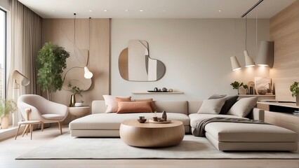 Elegant Modern Living Room with Neutral Tones, Plush Furniture, Wooden Accents, and Indoor Plants Illuminated by Natural Light