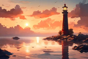 Zelfklevend Fotobehang lighthouse at sunset. AI generated © Muhammad
