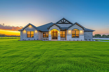 The front view of a newly built home is enhanced by a picturesque surrounding of vibrant green grass and a clear blue sky at sunrise. This appealing exterior beckons potential buyers or renters - obrazy, fototapety, plakaty
