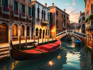Fototapeta premium Venetian Elegance: Traditional Wooden Gondola Gliding Through the Historic Canals Amid Ancient Architecture. generative AI