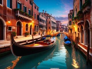 Venetian Elegance: Traditional Wooden Gondola Gliding Through the Historic Canals Amid Ancient Architecture. generative AI - obrazy, fototapety, plakaty