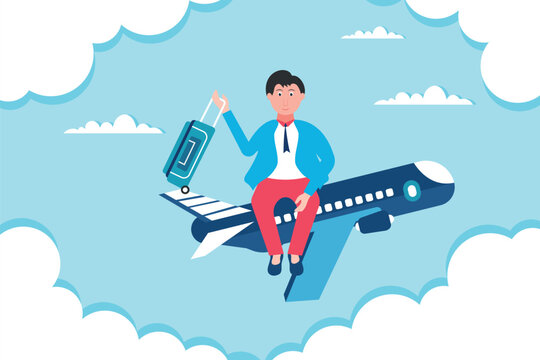 Businessman with suitcase sit on top of airplane