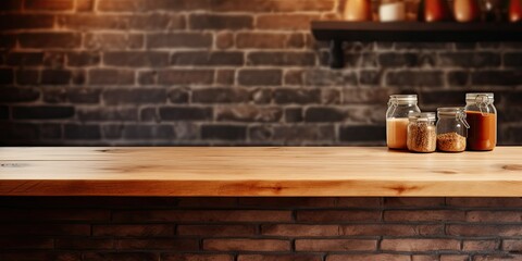 Product display on empty wooden table or counter in cafeteria, bar, or coffee shop.