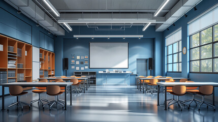 interior of a traditional style school classroom empty School classroom with desks chair
