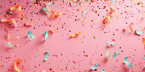 Light pink background with pink and blue scattered confetti copy space for text